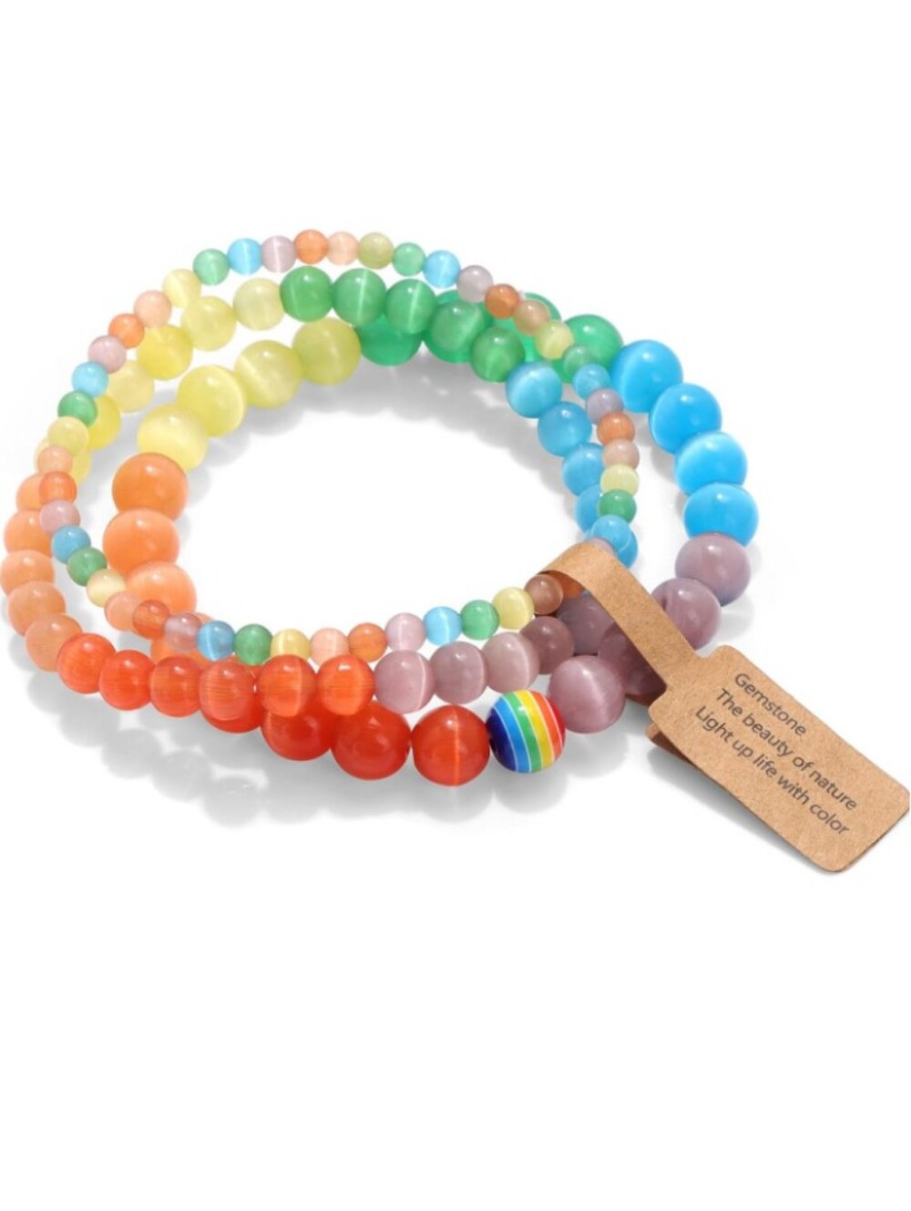 3Pc Rainbow Cat Eye Beaded Bracelet Set Stack Pride Striped Bead Boho Multi Size